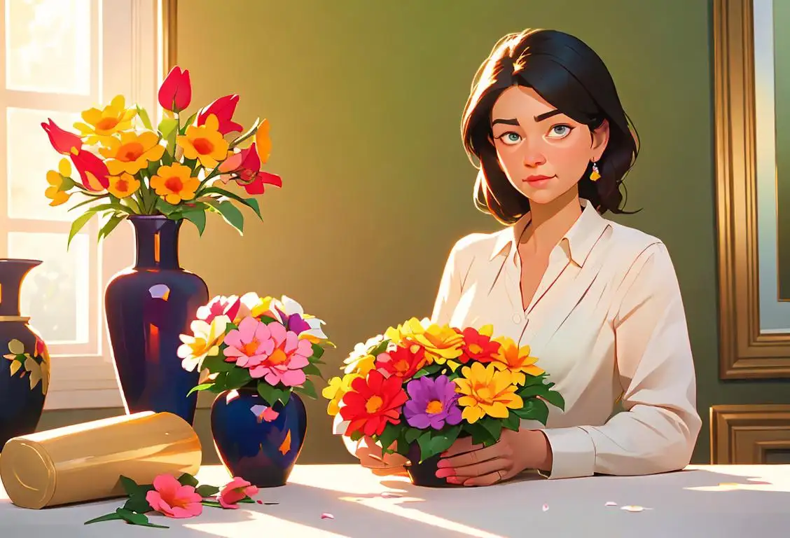 A person arranging flowers in a bright sunlit room, surrounded by colorful blooms and various vases..