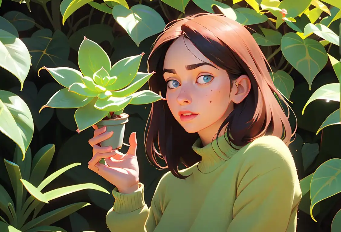 Young woman enthusiastically holding a succulent plant, wearing a cozy sweater, surrounded by lush greenery in a sunny garden..