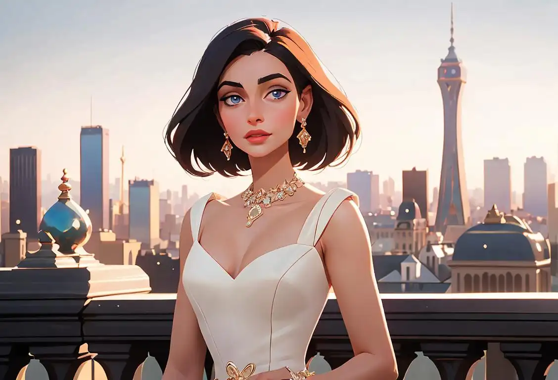 A glamorous woman adorned in sparkling jewels, standing in front of a dazzling city skyline, exuding elegance and sophistication..