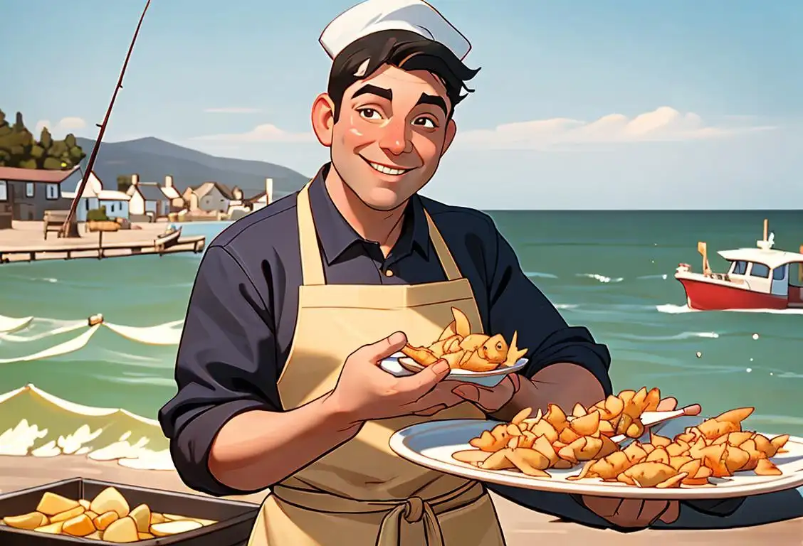 A smiling chef in a crisp apron, holding a platter of golden fried fish, surrounded by a seaside kitchen scene, with fishing nets and a frying pan..