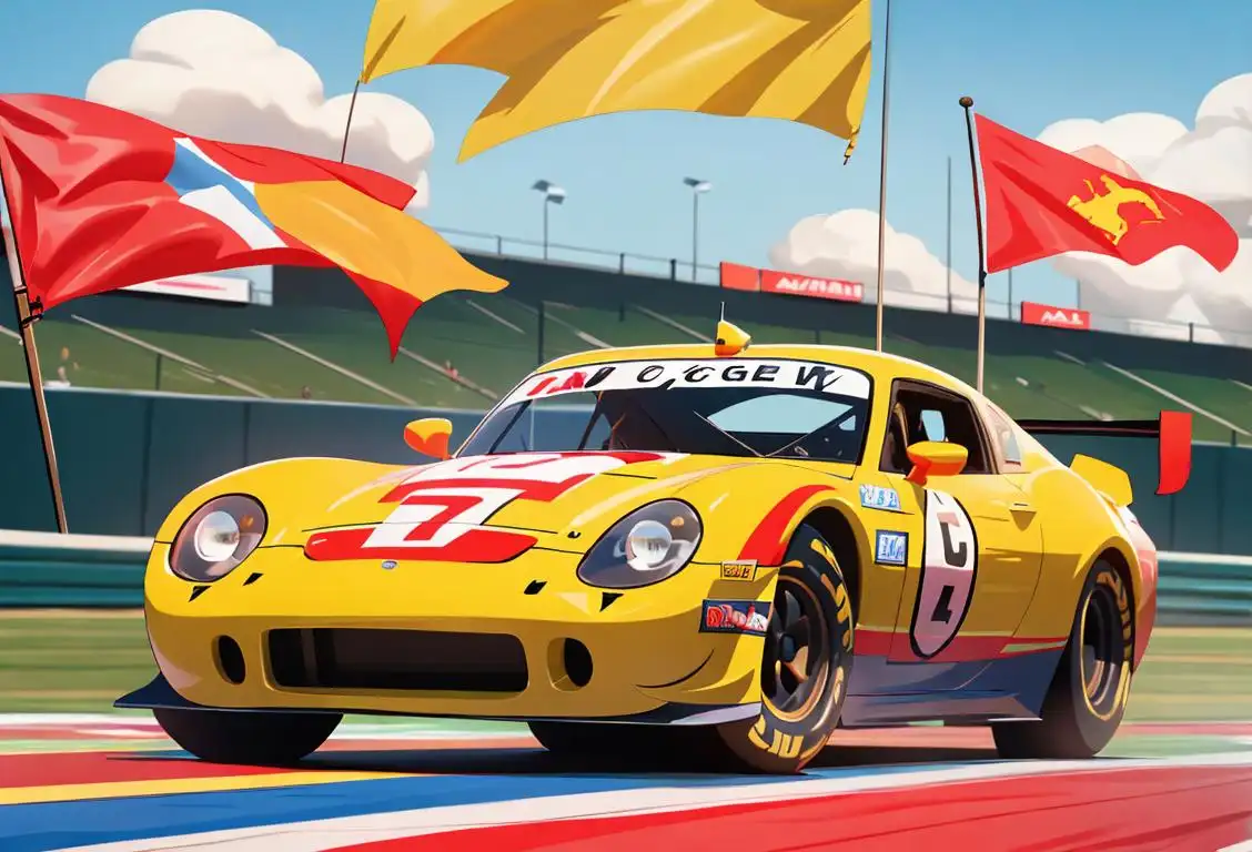 Exciting race track with roaring cars, surrounded by cheering crowd, wearing trendy racing-inspired attire, colorful flags waving in the background..