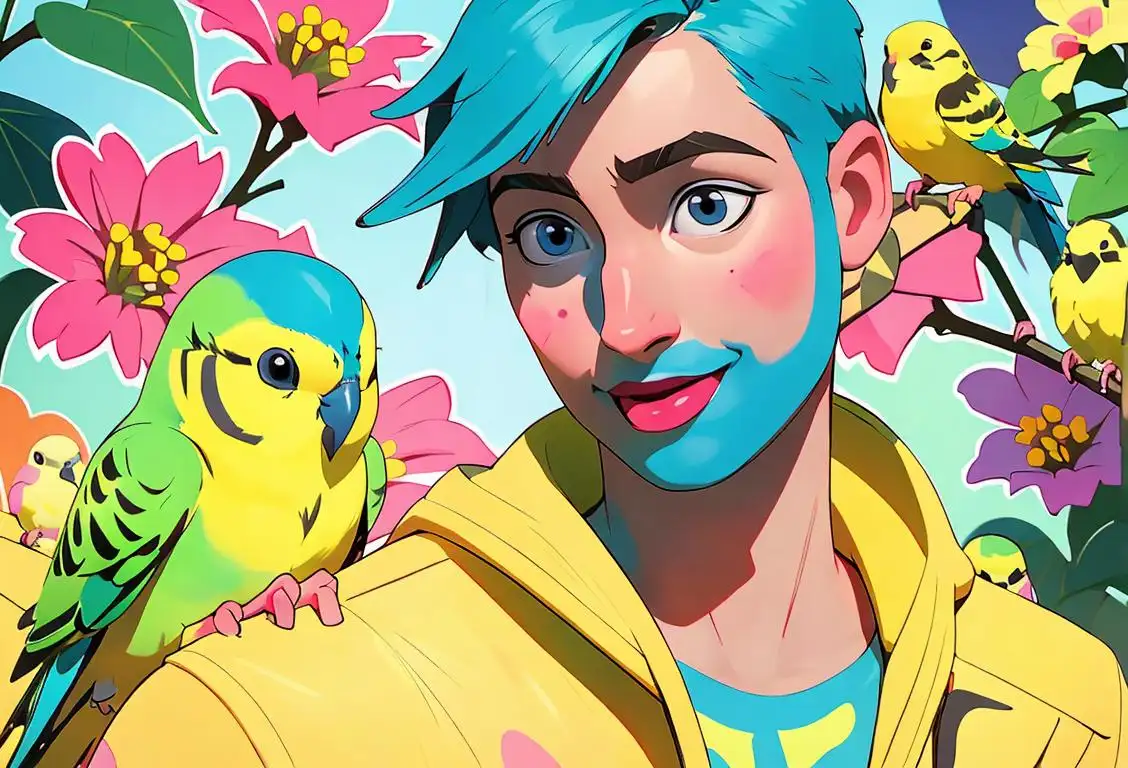 A person wearing bright colors, surrounded by colorful flowers, holding a happy budgie on their shoulder..