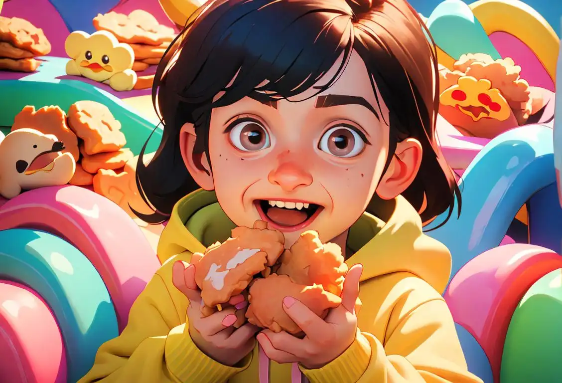 Excited child munching on chicken nuggets, wearing a cozy hoodie, colorful playground backdrop, surrounded by friends and laughter..