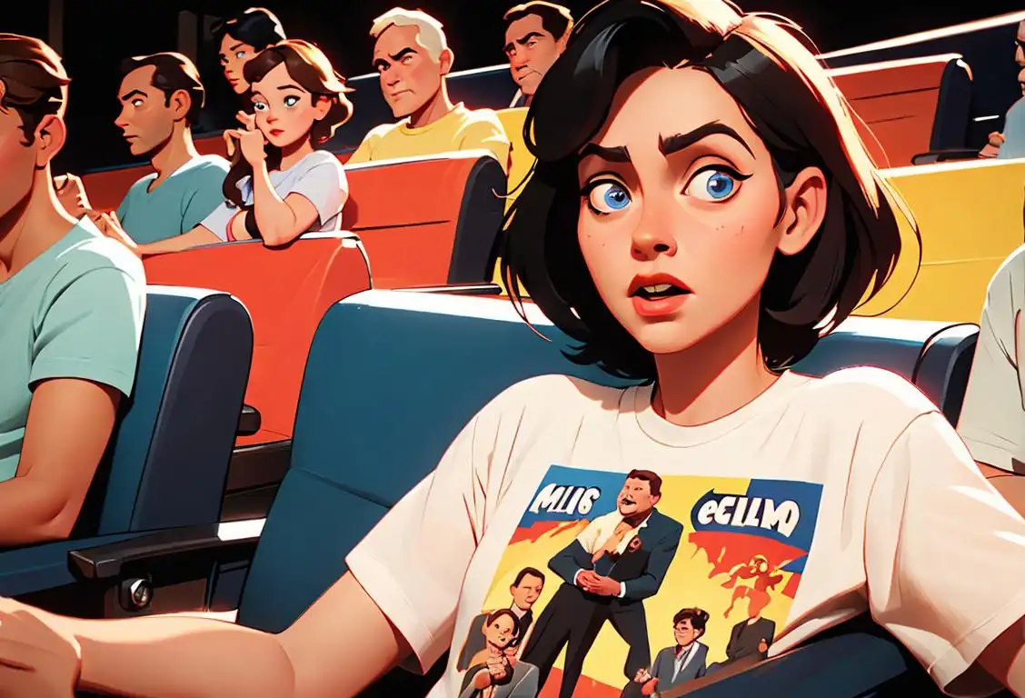 A group of diverse people, some in vintage movie t-shirts, enjoying a film together in a retro style cinema..