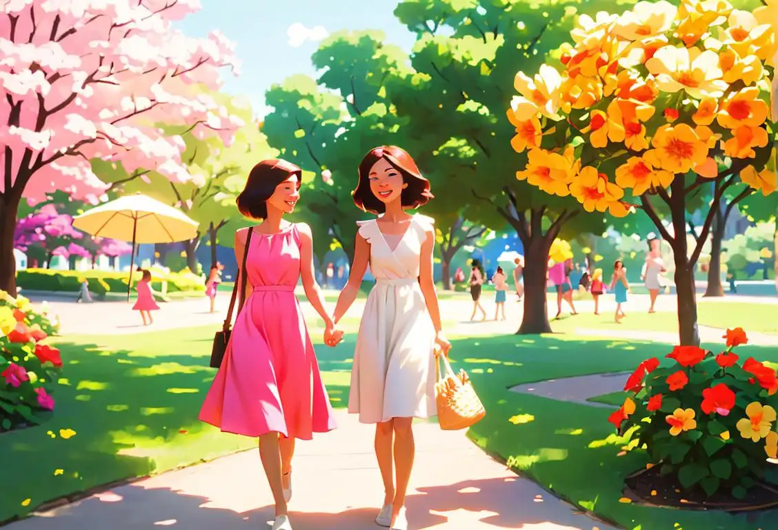A group of diverse women in brightly colored sundresses, strolling through a vibrant city park filled with blooming flowers and picnickers enjoying the sunshine..