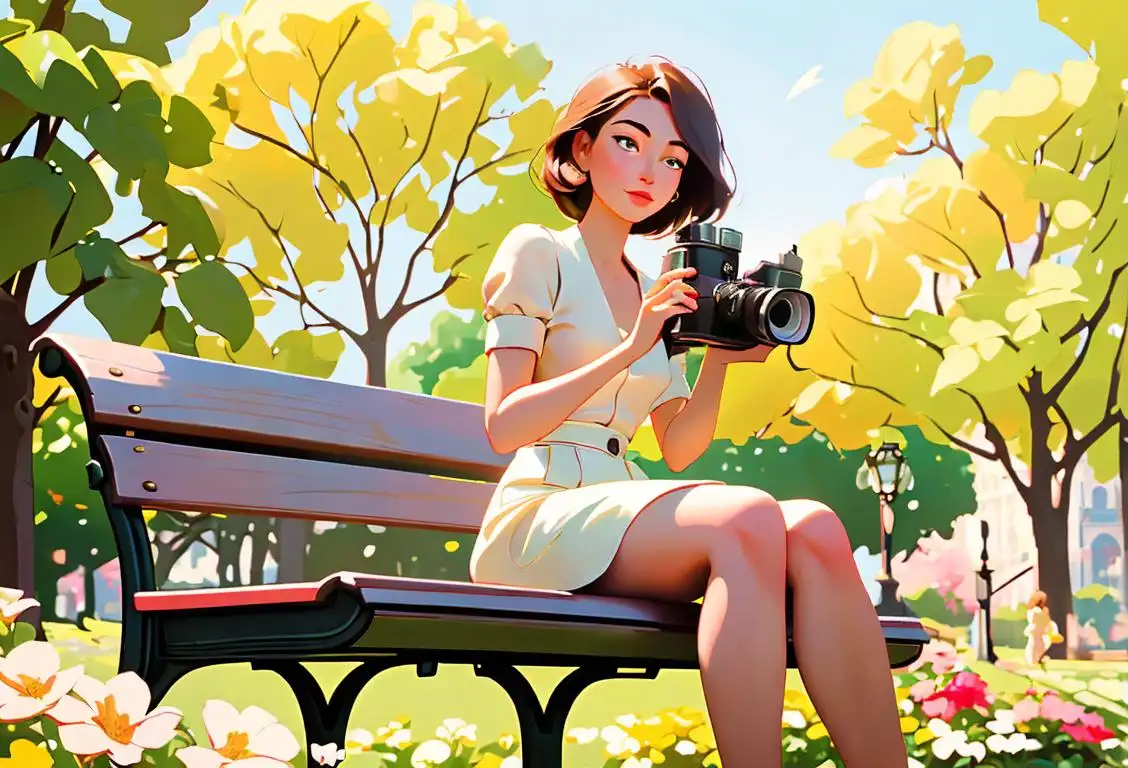 Young woman sitting on a park bench, holding a vintage camera, surrounded by blooming flowers, radiating positive energy..