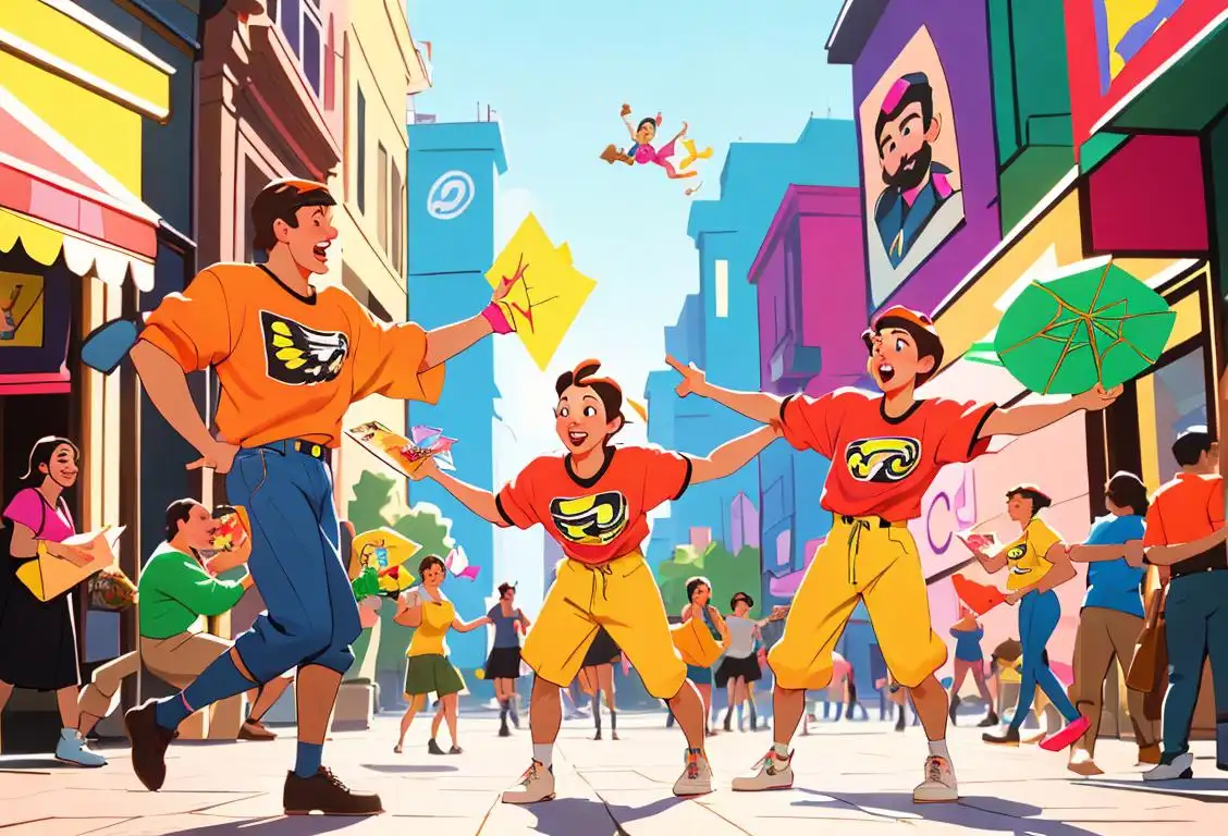 A group of people excitedly holding and distributing colorful flyers in a vibrant city square, wearing retro-style clothing, energetic atmosphere..