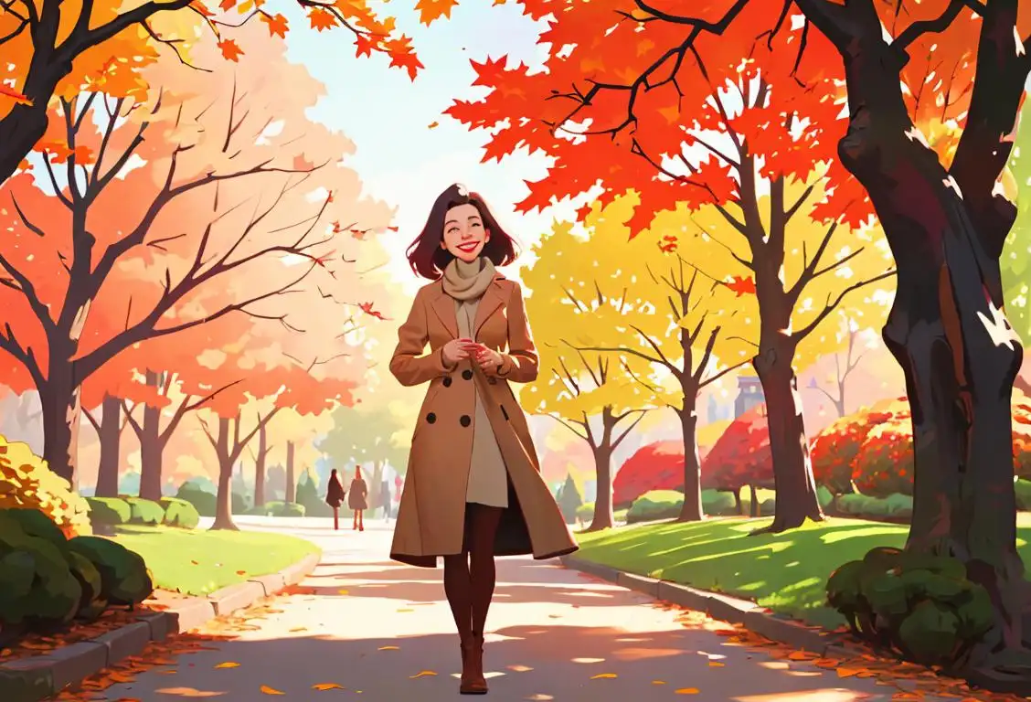 A smiling woman, wearing a stylish coat, walking through a vibrant autumn park filled with colorful foliage..