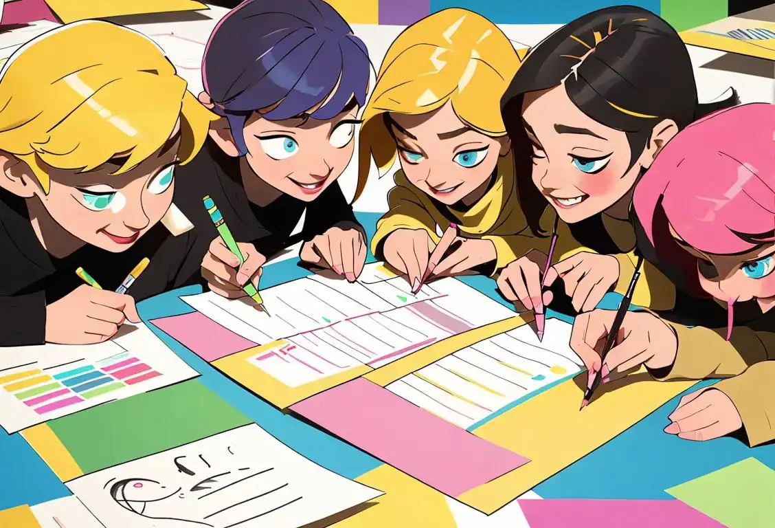 A group of diverse individuals gathered around a table full of colorful planners, pens, and washi tape, with smiles on their faces as they plan and decorate together..