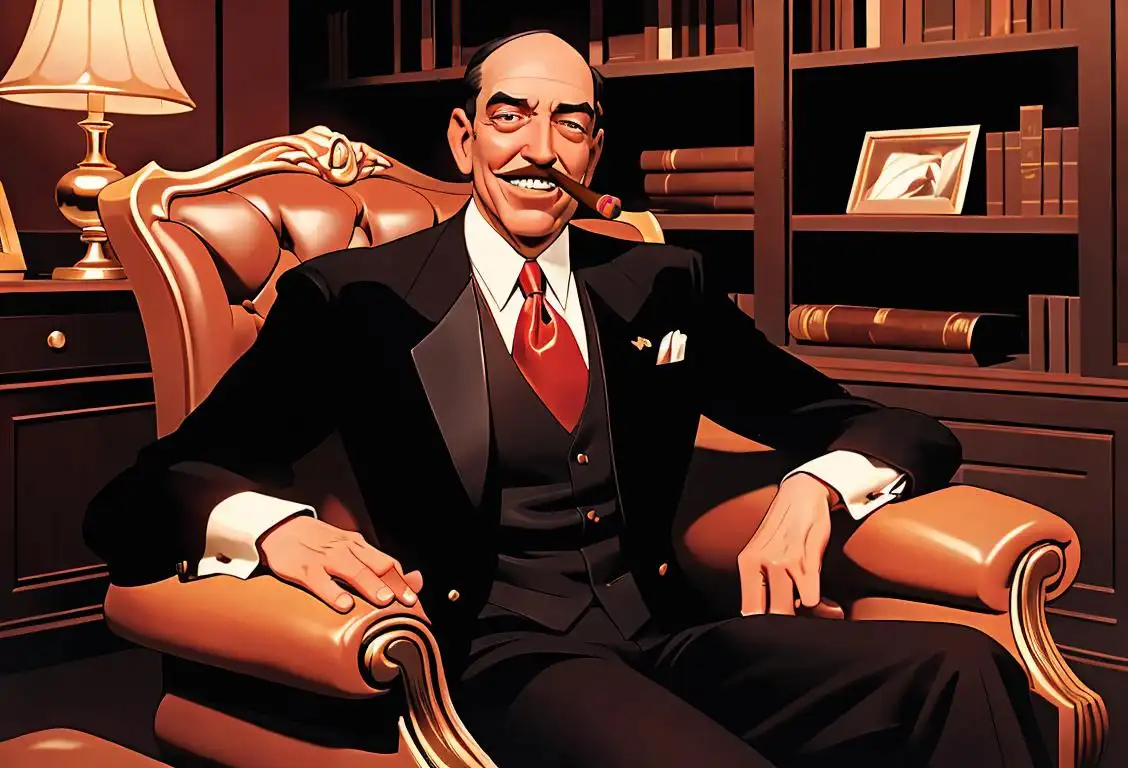 Smiling, distinguished gentleman in a suit, holding a lit cigar, surrounded by luxurious leather armchairs and a bookshelf filled with cigar books..