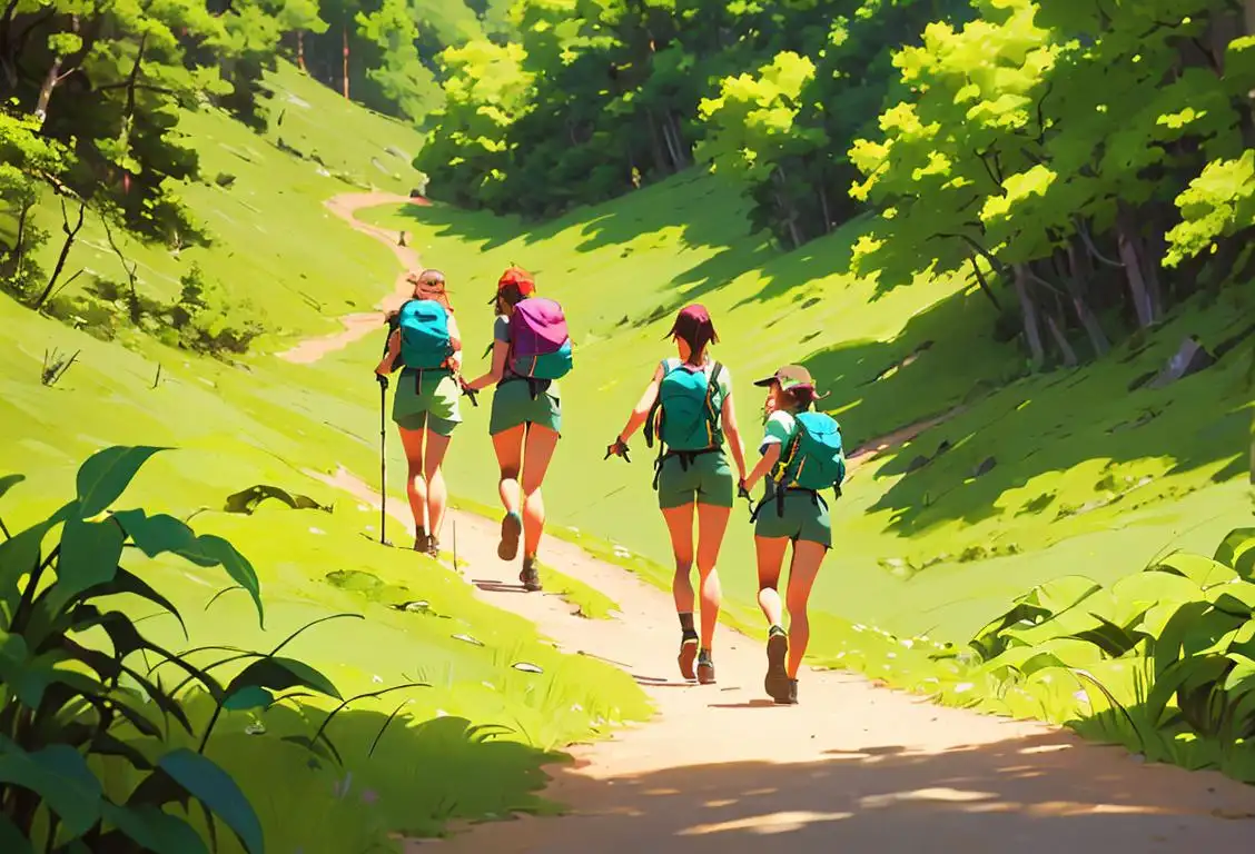 Group of smiling hikers, wearing colorful hiking gear, surrounded by lush green terrain..