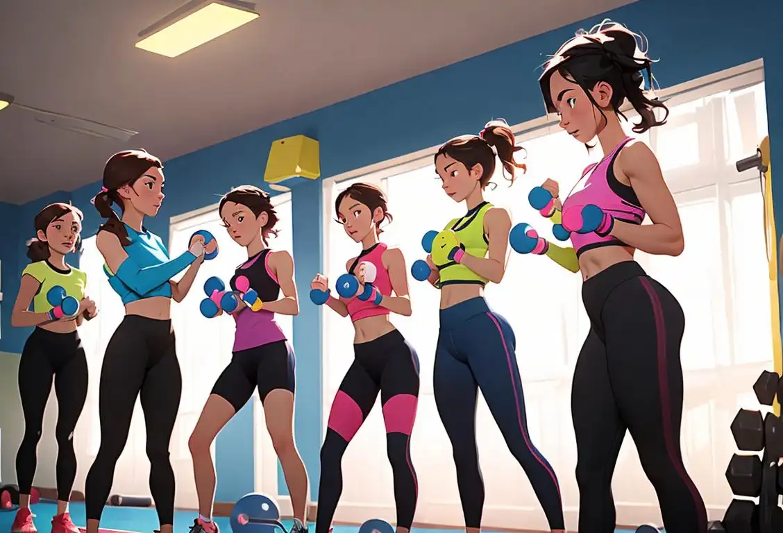 Young group of people engaged in a lively training session, wearing colorful workout clothes, in a gym with motivational posters and equipment..