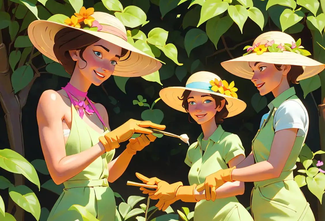 A group of happy gardeners, wearing sunhats and gloves, tending to plants in a colorful, nature-filled garden..