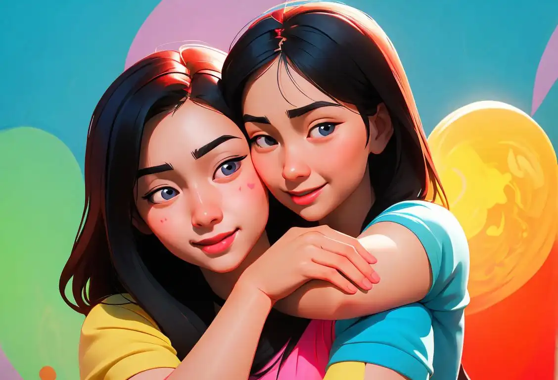 Happy young woman giving a warm embrace to an Asian friend, surrounded by vibrant colors and diverse cultural symbols..