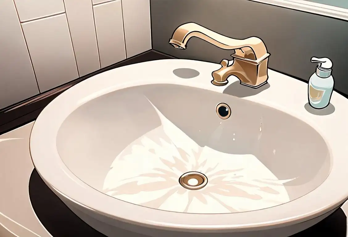 Close-up image of a sparkling clean bathroom sink with a bottle of bleach nearby, showcasing the bright and refreshing atmosphere of National Bleach Day..