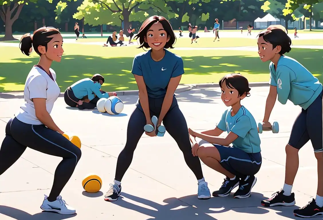 A smiling person with athletic apparel on, surrounded by a group of diverse individuals participating in various knee exercises at a park..