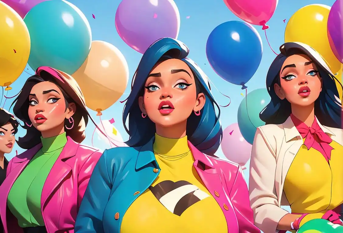 A group of diverse and confident curvy individuals, dressed in fashionable and colorful attire, celebrating with balloons and confetti in a vibrant urban setting..