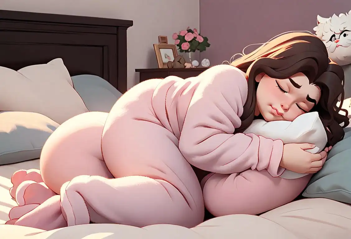 A cozy bedroom scene with a person hugging a fluffy pillow, wearing pajamas and surrounded by fluffy clouds..