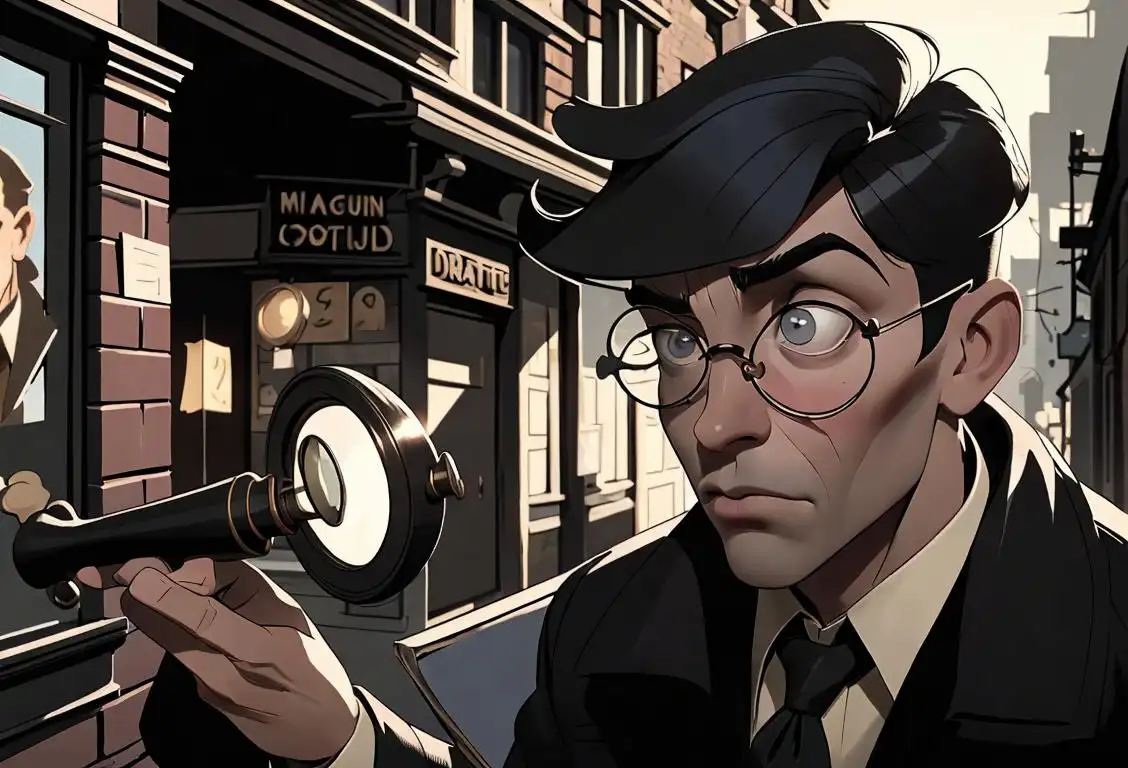 Young man in detective attire holding a magnifying glass, urban city setting, vintage fashion, mysterious and intriguing atmosphere..
