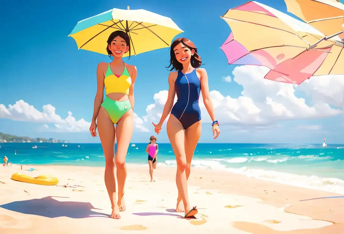 Two friends smiling and walking on a sunny beach, wearing colorful swimwear, seaside vacation setting..