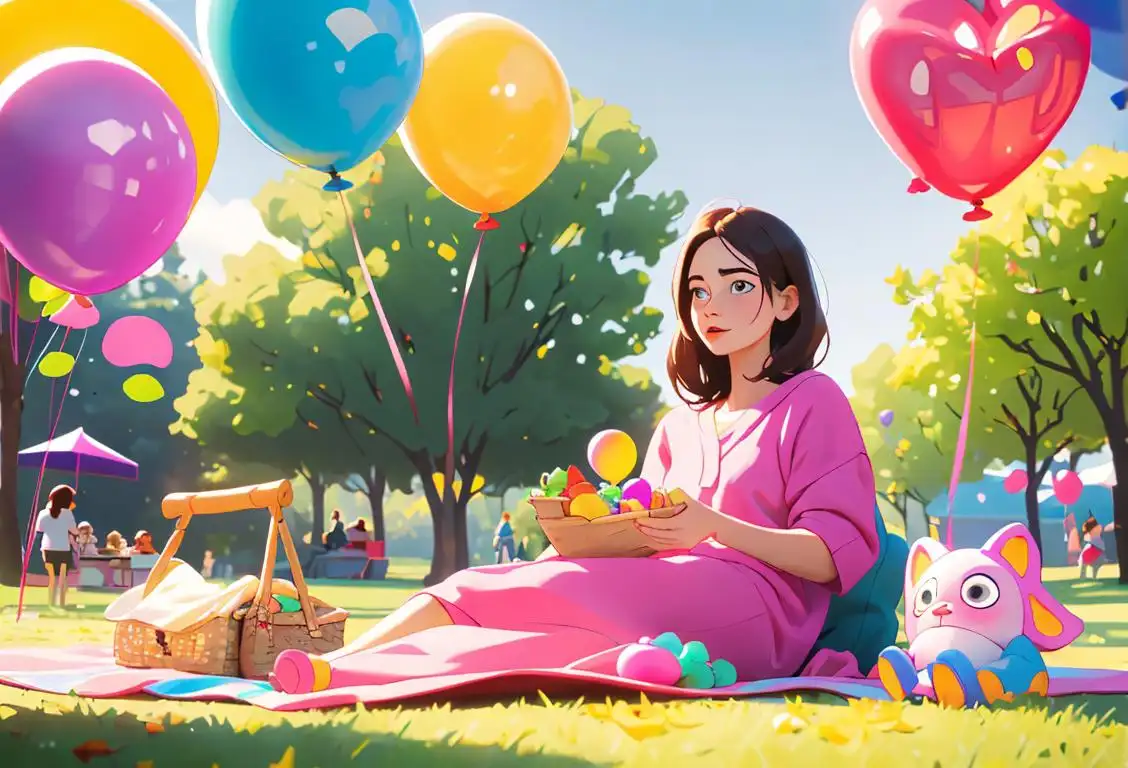 Young woman in comfortable clothing, playing with toys in a park, surrounded by colorful balloons and a picnic blanket..