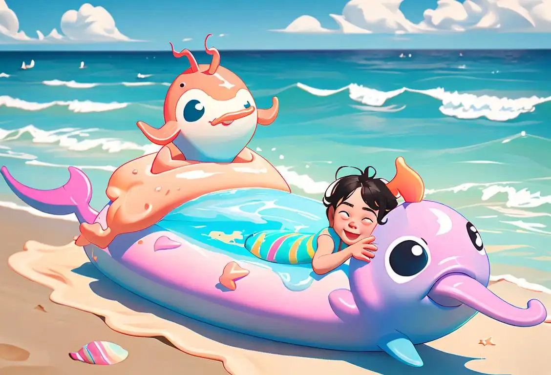 A joyful child with a narwhal-shaped floatie, wearing a colorful swimsuit, beach scene with sand castles and seashells..