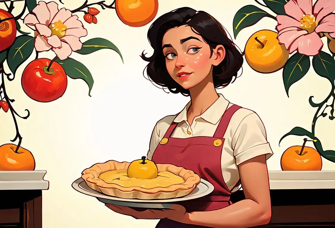 Young woman holding a tray with a freshly baked fruit pie, wearing a vintage floral apron, colorful kitchen backdrop..