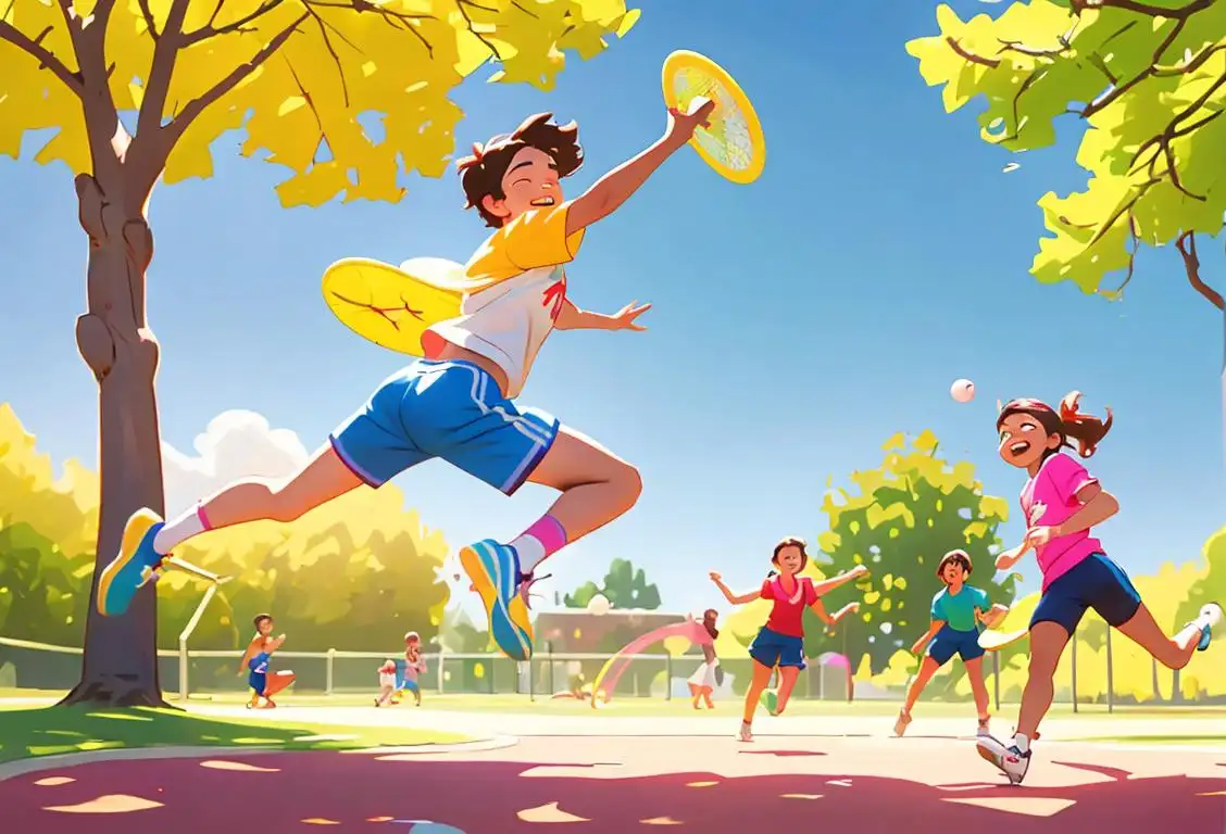 Young person joyfully yeeting a frisbee in a sunny park, wearing colorful athletic clothes, surrounded by smiling friends..