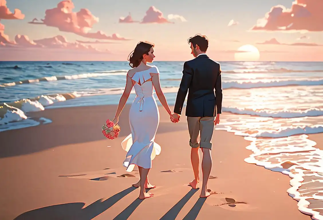 Lovely couple holding hands, walking on a beach at sunset, dressed in elegant summer attire, surrounded by seashells and a heart drawn in the sand..