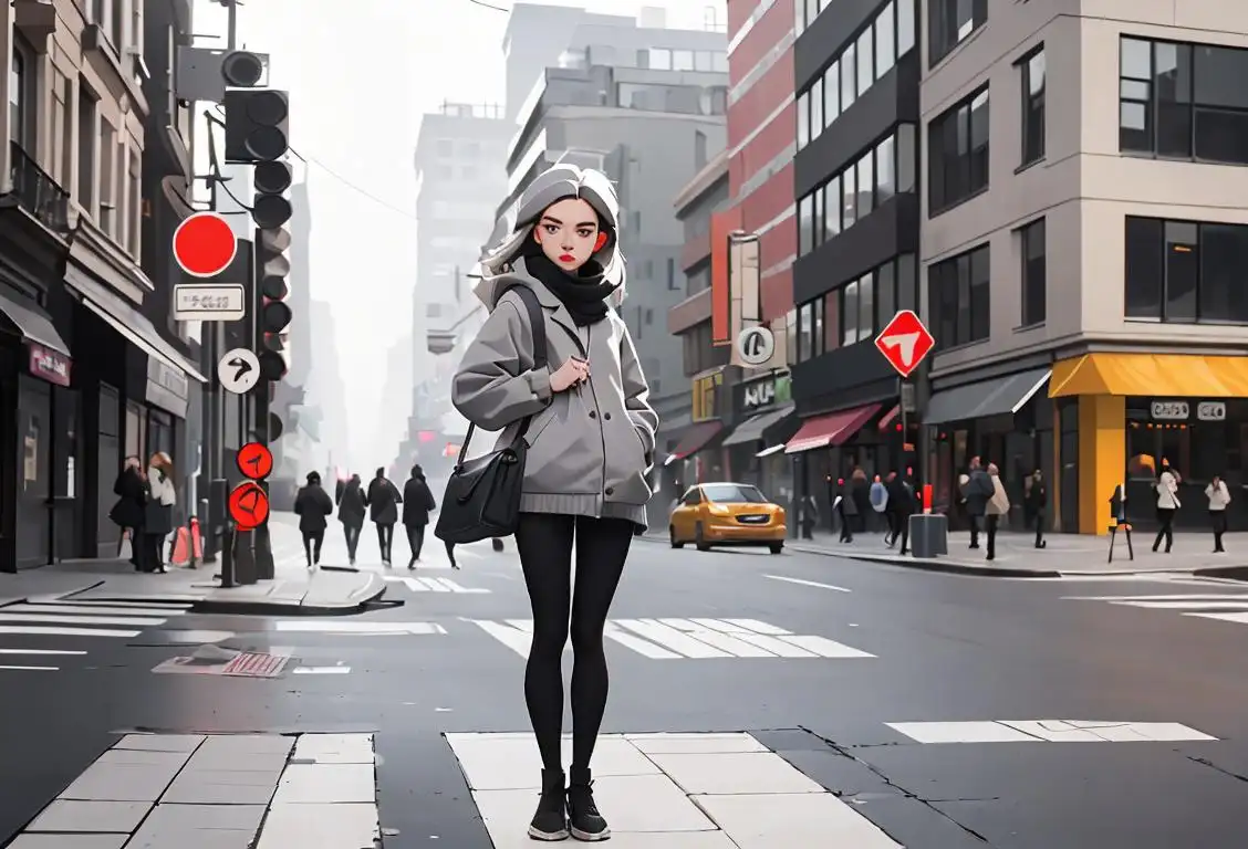 Young woman in a trendy gray outfit, standing in a bustling city street, surrounded by various shades of gray in the backdrop..