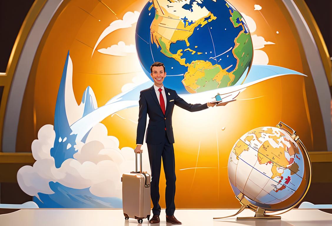 A friendly travel agent with a big smile, holding a globe, dressed in professional attire, with suitcases and travel brochures in the background..
